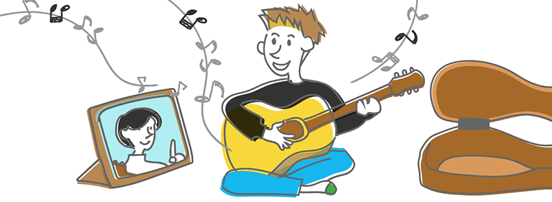 オンラインレッスンでギターを弾く生徒のイラスト